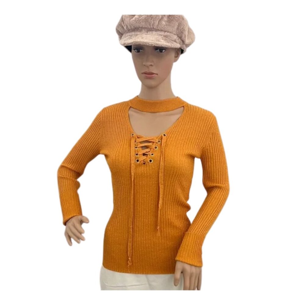 Questions Orange Ribbed Lace-Up Sweater with Front Cutout - Size S